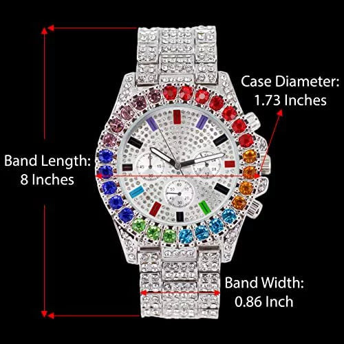 Charles Raymond Iced Out Mens Color on Blast Watch Single or Combo Sets with Blinged Out Bracelets Set. Iced Out Colourful Rainbow Flame Collection (ST10327CO-C SLV)