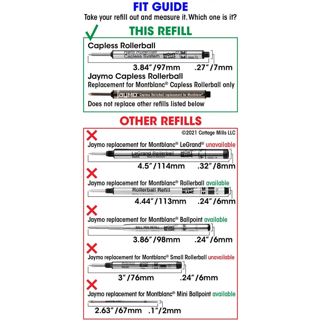 Jaymo Replacement Montblanc 113778 - Measures 3.84 in / 97 mm Long - Capless Rollerball Pen Refill - 24 Blue