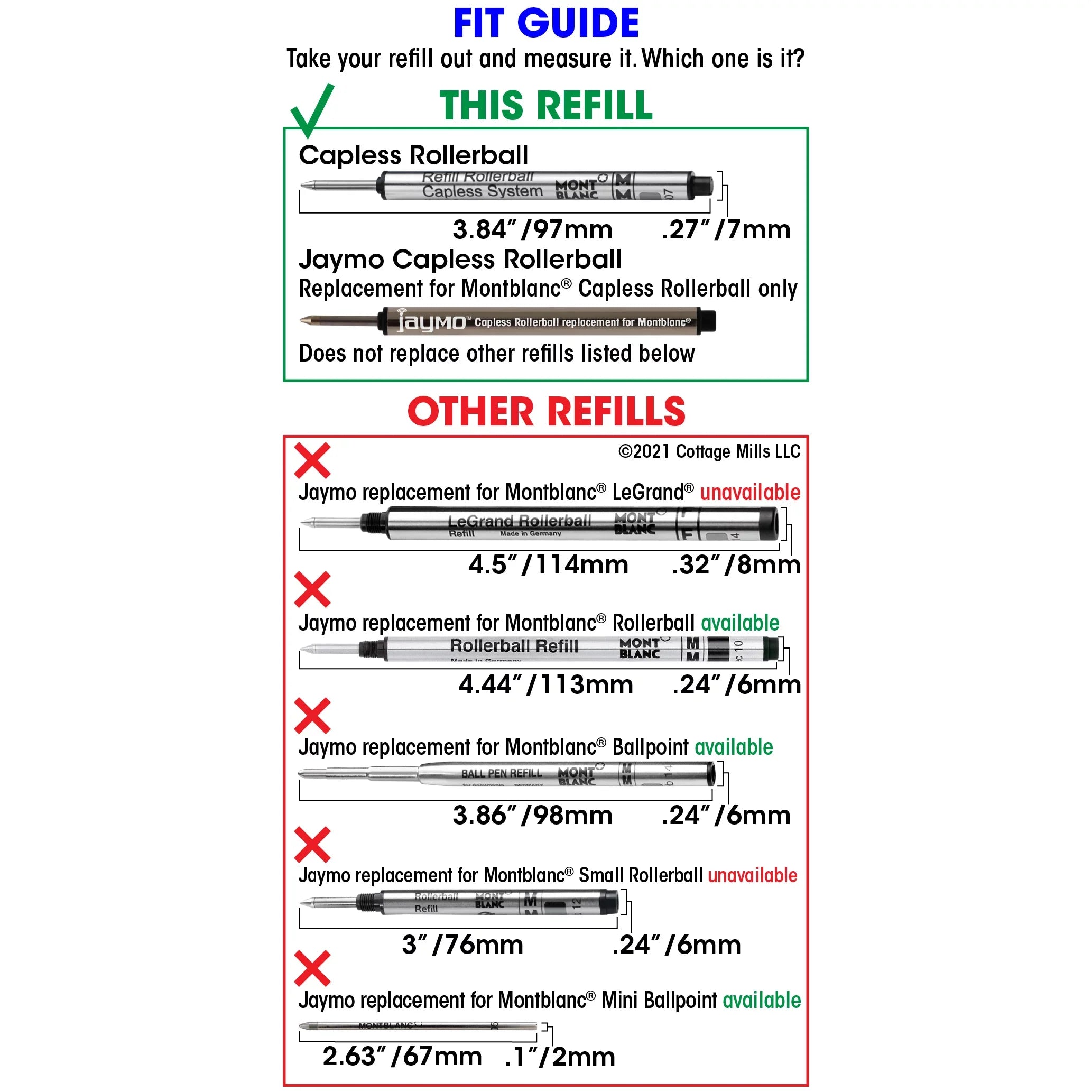 Jaymo Replacement Montblanc 113778 - Measures 3.84 in / 97 mm Long - Capless Rollerball Pen Refill - 24 Blue