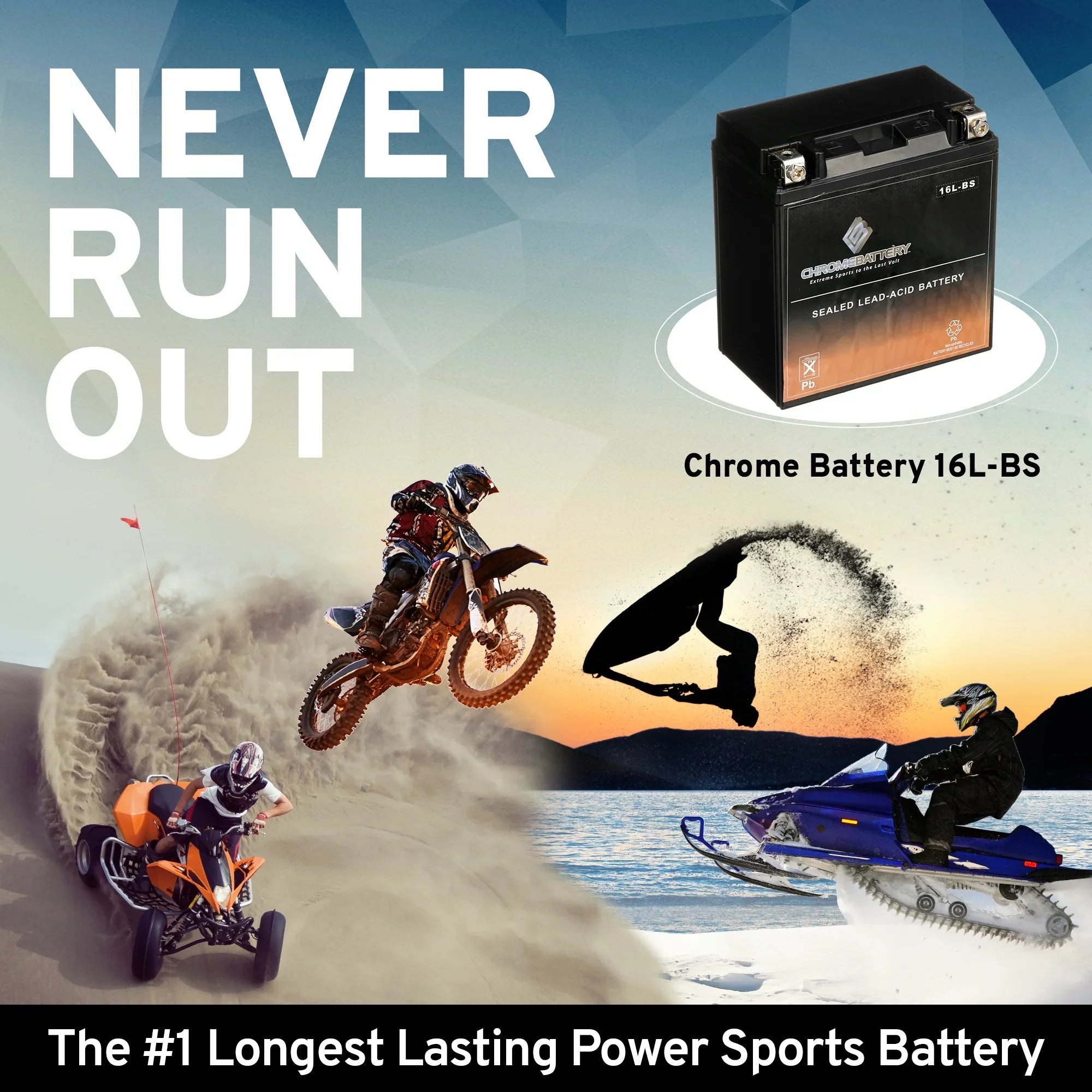 Chrome Battery YTX16L-BS (16L-BS 12 Volt,14 Ah, 230 CCA) Jet Ski Battery Kawasaki 650cc Jf650 X2 1995