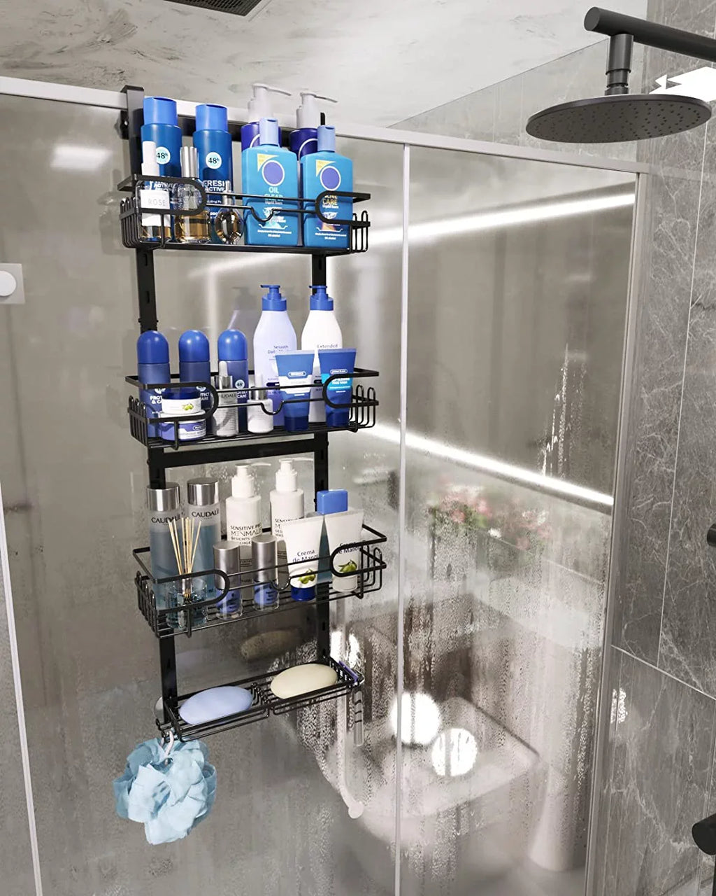 Consumest 4 Tier Over The Door Shower Caddy Shelf with Soap Holder, Adjustable Hanging Shower Organizer with 4 Hooks & 2 Suction Cups, Rustproof Stainless Steel Hanging Shower Caddy Bathroom