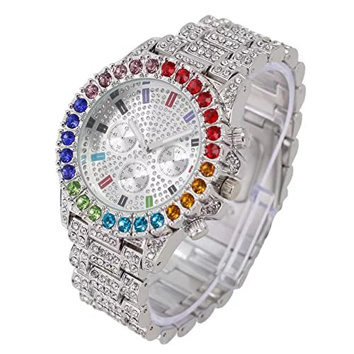 Charles Raymond Iced Out Mens Color on Blast Watch Single or Combo Sets with Blinged Out Bracelets Set. Iced Out Colourful Rainbow Flame Collection (ST10327CO-C SLV)