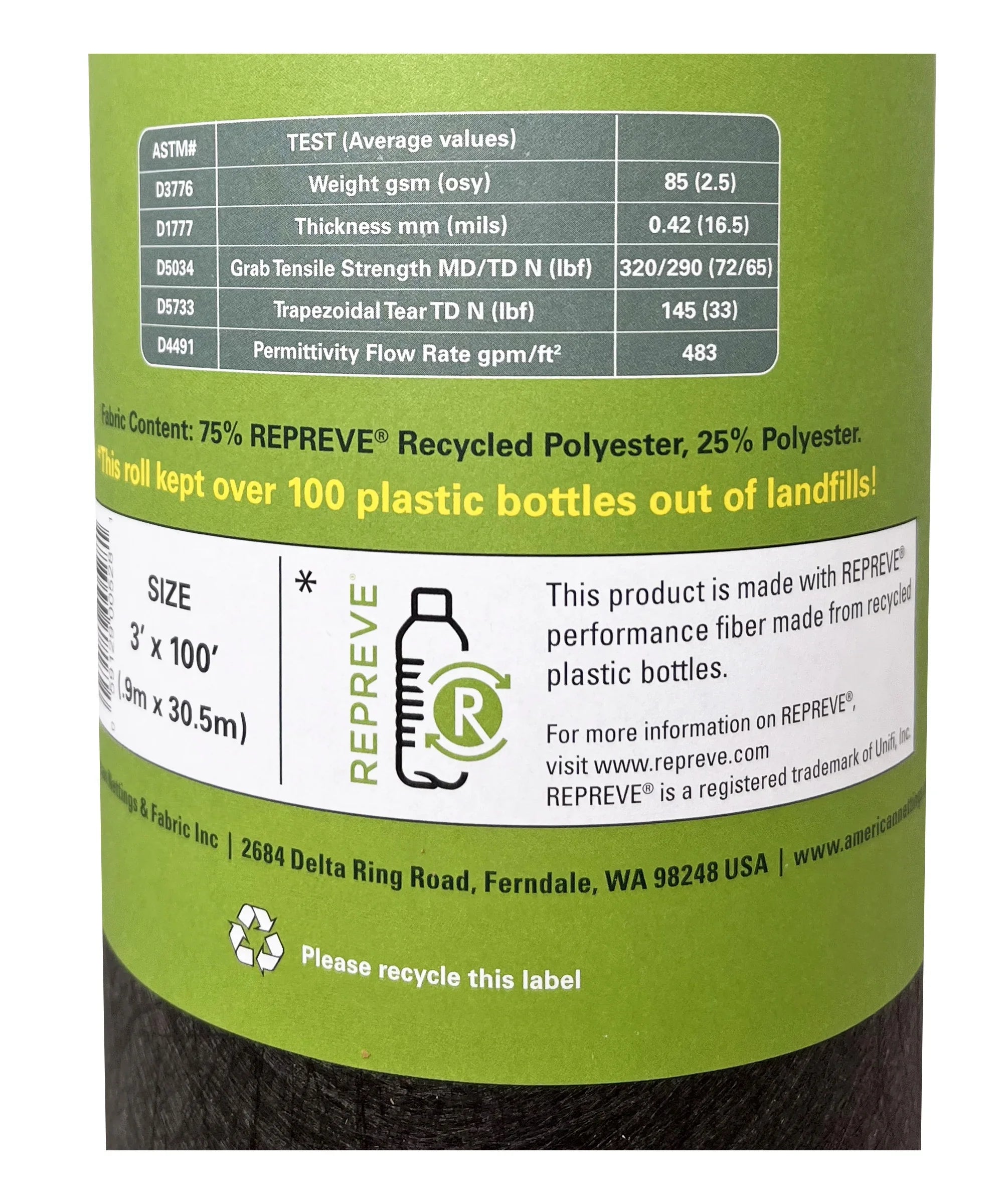 American Nettings Premium Plus REPREVE Recycled Contractor Landscape Fabric (Lifetime) 3' x 100'