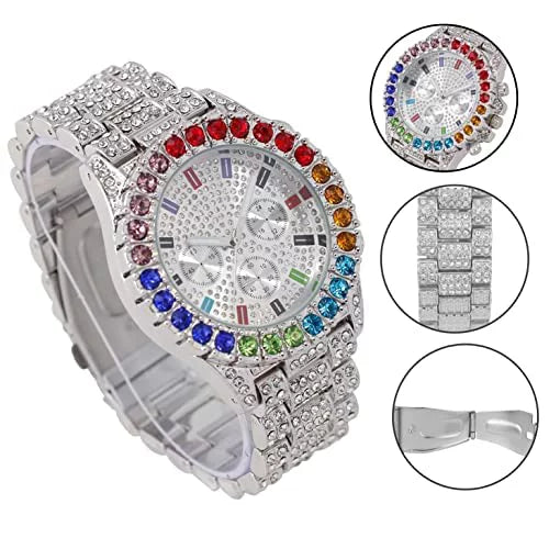 Charles Raymond Iced Out Mens Color on Blast Watch Single or Combo Sets with Blinged Out Bracelets Set. Iced Out Colourful Rainbow Flame Collection (ST10327CO-C SLV)
