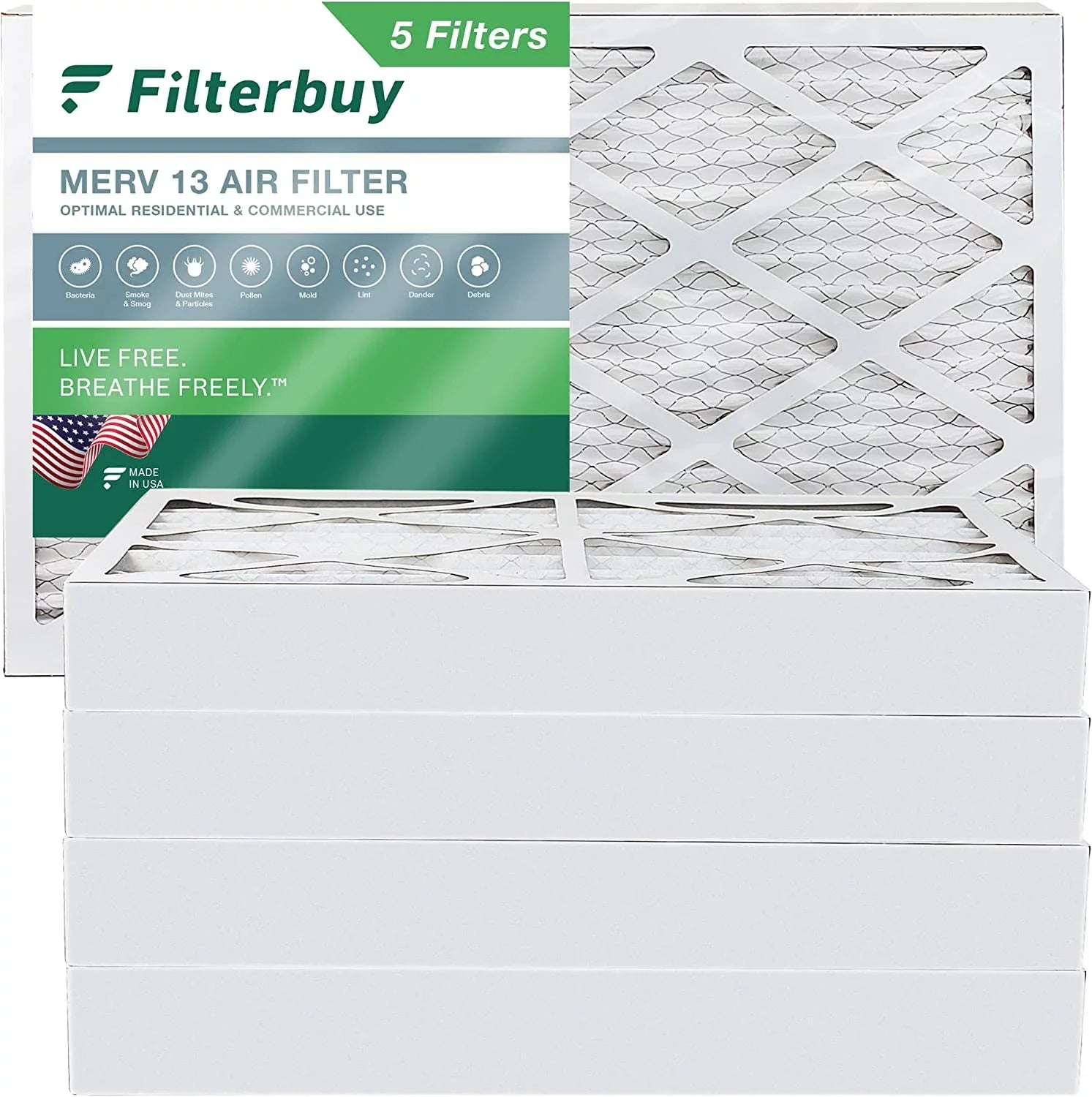 Filterbuy 16x25x4 MERV 13 Pleated HVAC AC Furnace Air Filters (5-Pack)