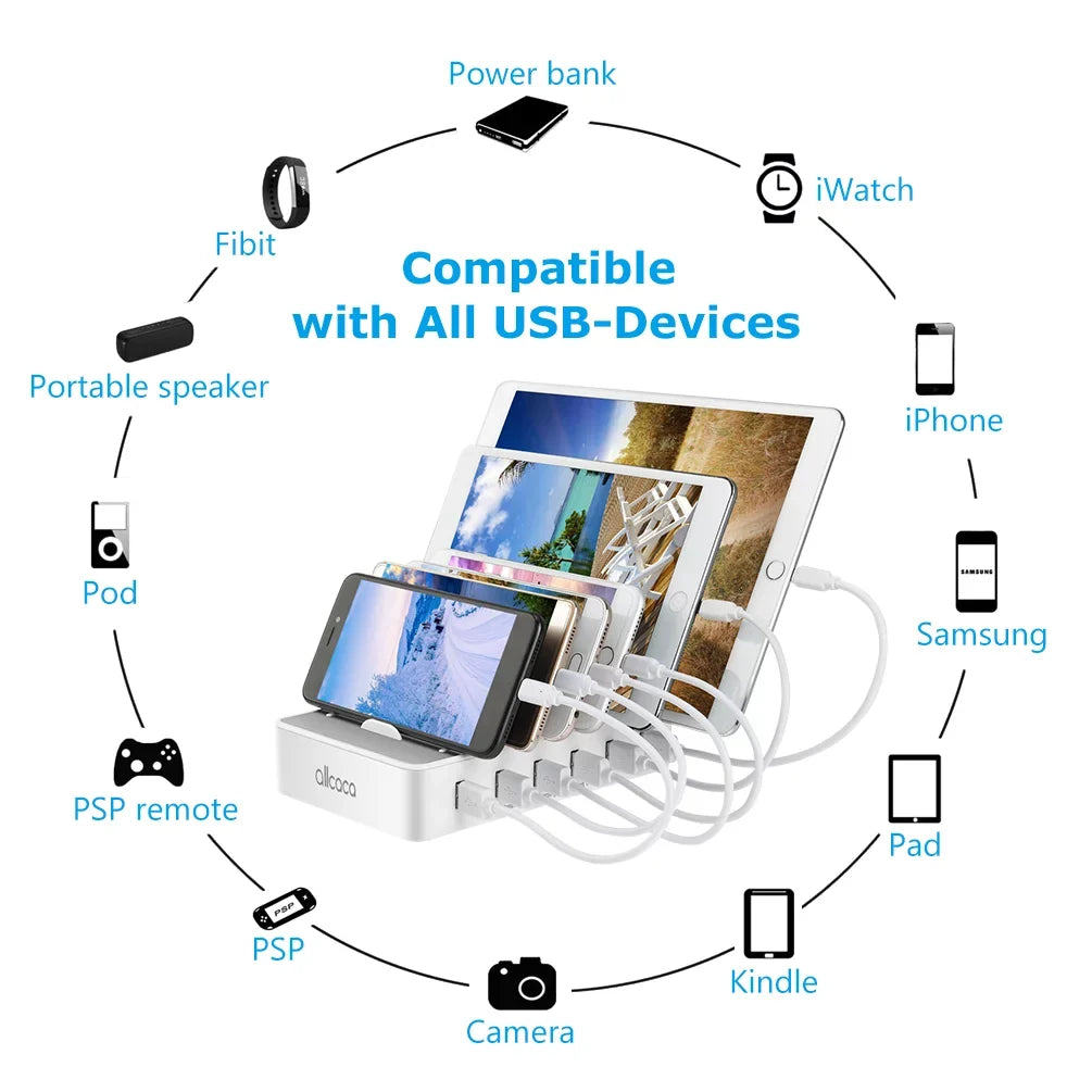 USB Charging Station Multiple Devices - Fast Charging Organizer with 6 USB Ports Dock Cell Phone Apple, Samsung, Android Phone, iPhone