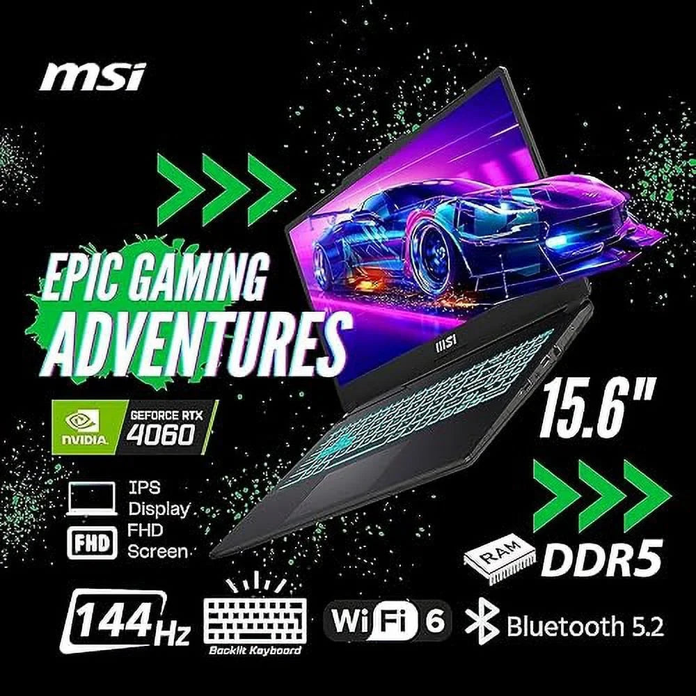 MSI Cyborg 15 Gaming Laptop, 15.6" FHD 144Hz Display, Intel Core i7-12650H, NVIDIA GeForce RTX 4060, 32GB DDR5 RAM, 1TB SSD, Webcam, Backlit Keyboard, Wi-Fi 6, Windows 11 Home, Translucent Black
