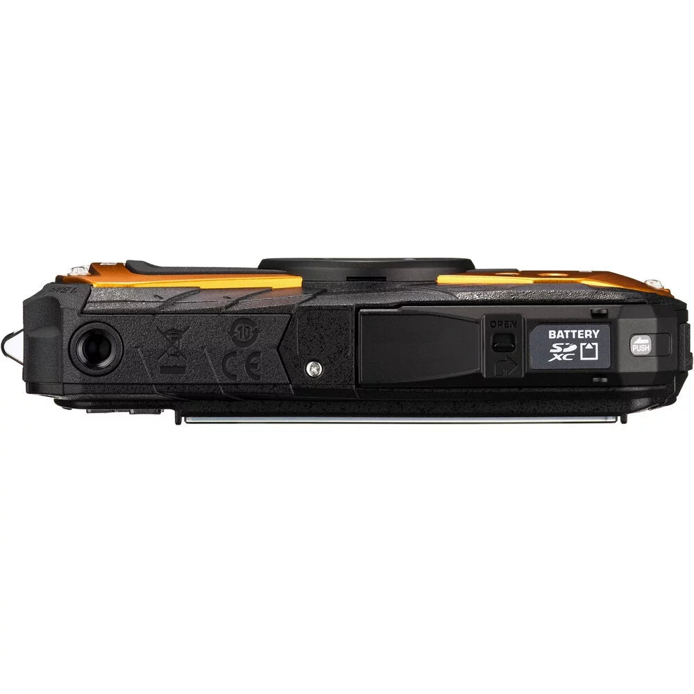 Ricoh WG-80 Waterproof Digital Camera (Orange) with 64GB Extreme Pro SD Card + Small Case + Selfie Stick + Memory Card Wallet + Memory Card Reader + 6Ave Cleaning Kit